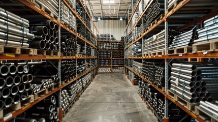 Fototapeta premium Metal Pipes Stacked on Shelves in a Warehouse