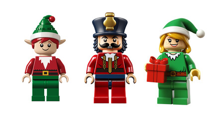 Naklejka premium Set of 3 lego figures. Christmas Elf, Nutcracker, Elf with present.