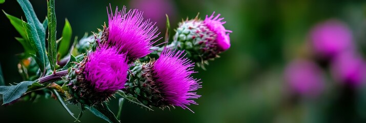  A tight shot of flower blooms and attached green leaves on a branch, featuring purplish hues in the foreground