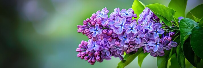 Obraz premium A tree branch, green-leafed and adorned with a cluster of purple flowers, stands out against a softly blurred backdrop