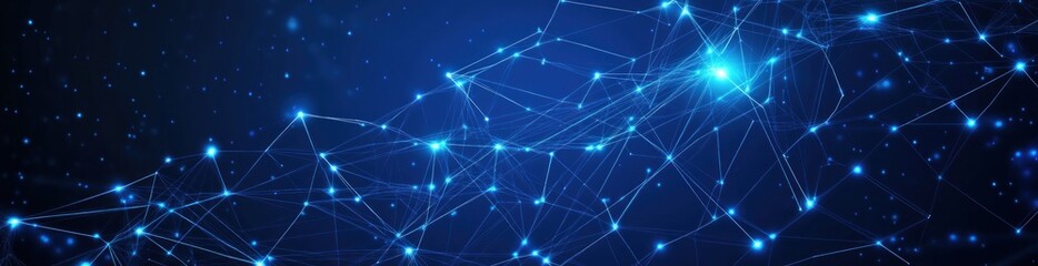 Abstract digital network background with glowing dots and lines on a dark blue background.