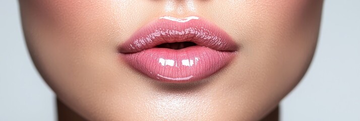 Fototapeta premium A tight shot of a woman's rosy lips, contrasted by a smudge of white lipstick on her cheek