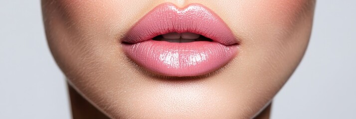 Obraz premium A tight shot of a woman's lips, sporting a gentle pink lipstick coat – applied above and below