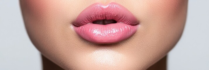 Fototapeta premium A tight shot of a woman's rose-tinted lips, glistening with a drop of pink liquid