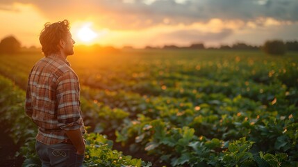Fototapeta premium Farmer Contemplating Field at Sunset 