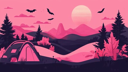 Pink ribbon, spooky landscapes, camping gear, flat design illustration