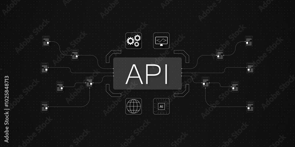 Aufkleber API connection graphic with nodes and symbols in a digital design. 3D Rendering