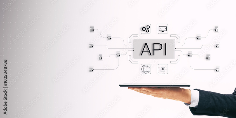 Poster Digital API Integration Concept on Tablet Displaying Various Technology Icons.