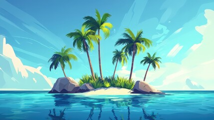 Illustration of Small Tropical Island With Palm Trees and Calm Ocean Waters
