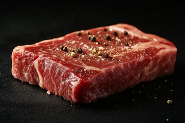 Angus ribeye steak, raw, showcasing rich marbling against a dark background, side lighting, ultra-high-definition
