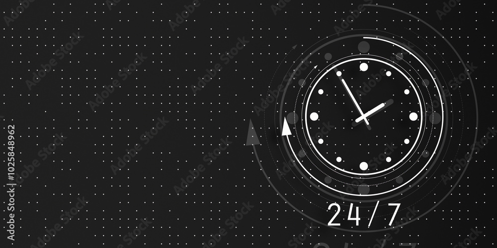 Poster Digital clock icon design representing 24 7 time management concept on a black background. 3D Rendering