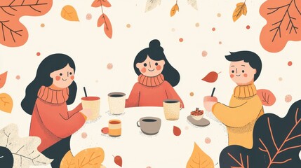 Warm drinks, gratitude, family gathering, flat design illustration