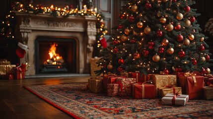 A beautifully decorated Christmas tree with golden and red ornaments, fireplace is center, close-up, surrounded by presents on the floor