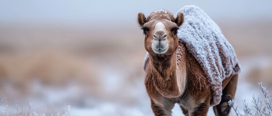  A camel, draped in a blanket, traverses a field of grass - some sections coated in snow