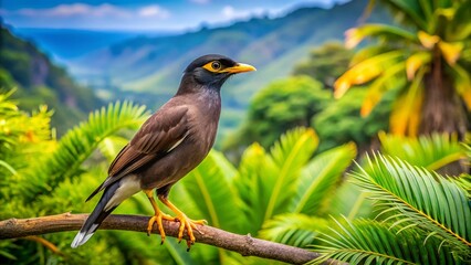 Myna Bird Perched on a Branch Against a Lush Tropical Background in Hawaii's Natural Habitat