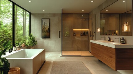 Fototapeta premium A calm bathroom sanctuary with soft lighting, sleek modern fixtures. the perfect place for relaxation and rejuvenation.