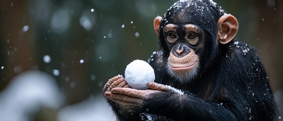  A chimpanzee holds a ball of cotton in its hands, surrounded by snow