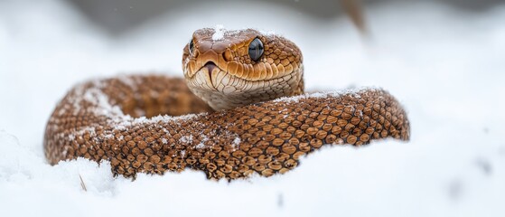 Obraz premium A tight shot of a snake with snow covering its head, amidst a hazy backdrop of snow-laden ground