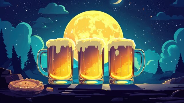 Full moon, pies, beer steins, flat design illustration