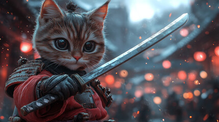 Cool Cat Samurai Warrior in Battle Pose with Katana
