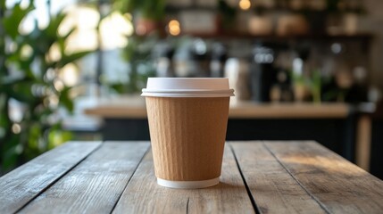 Vintage disposable coffee cup on a wooden table in a cozy coffee shop, warm tones creating an inviting atmosphere, perfect for a casual coffee experience.
