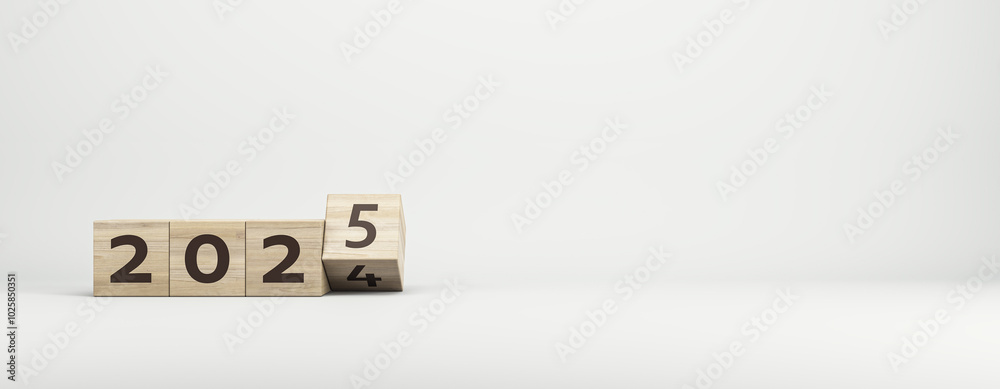 Poster Concept of 2025 with wooden blocks on a plain background. 3D Rendering