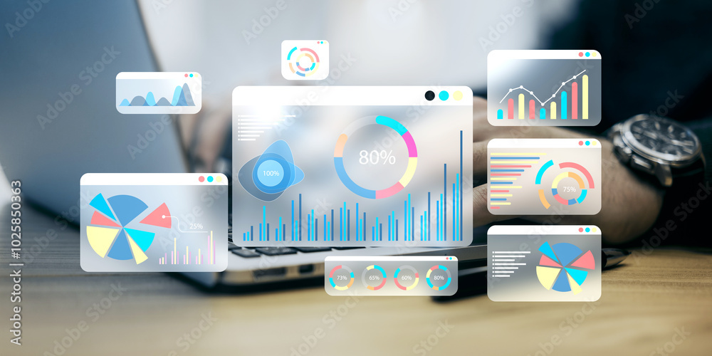 Poster Digital financial data analysis interface with graphs and charts.