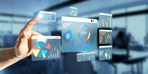Digital financial analysis interface with charts and graphs displayed.