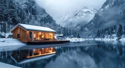 Fototapeta premium A beautiful modern cabin made of wood and glass, in the middle of snow-covered mountains with trees, on an ice-covered lake surrounded by a pine forest, at night.