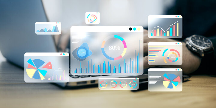 Digital financial data analysis interface with graphs and charts. - Powered by Adobe