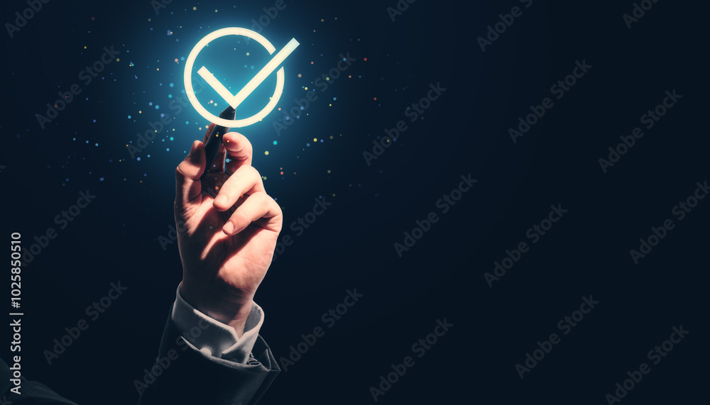 Poster hand holding a glowing check mark icon in a dark background.