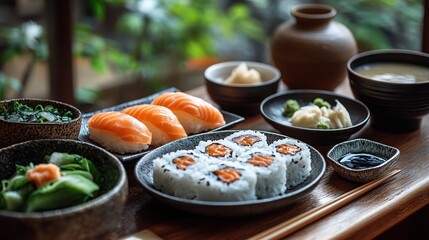 A traditional Japanese meal setup with steamed rice, sushi 