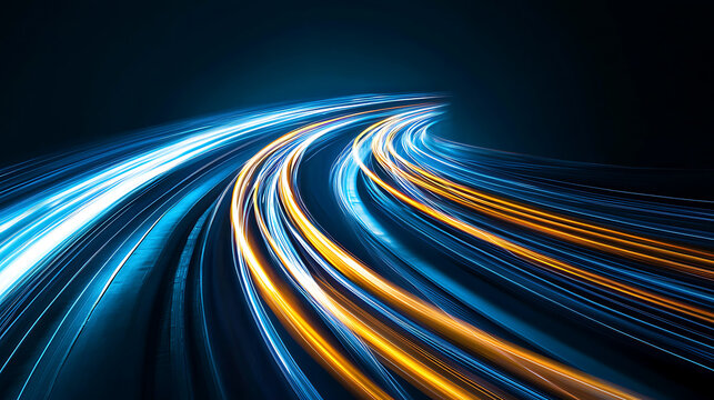 An abstract image showcasing vibrant light trails in blue and yellow set against a dark background