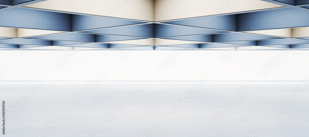 Poster modern empty exhibition space with white walls and geometric ceiling design. 3d rendering