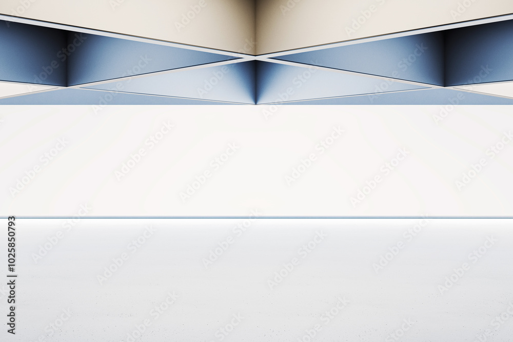 Poster Modern exhibition space with abstract design elements and empty walls. 3D Rendering