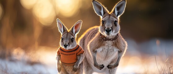  A pair of kangaroos beside each other atop a snow-laden field, framed by trees in the backdrop