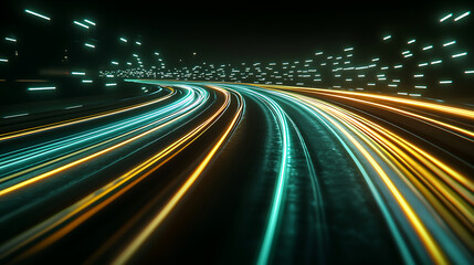 Obraz premium A vibrant abstract image featuring swirling light trails of green and yellow against a dark backdrop