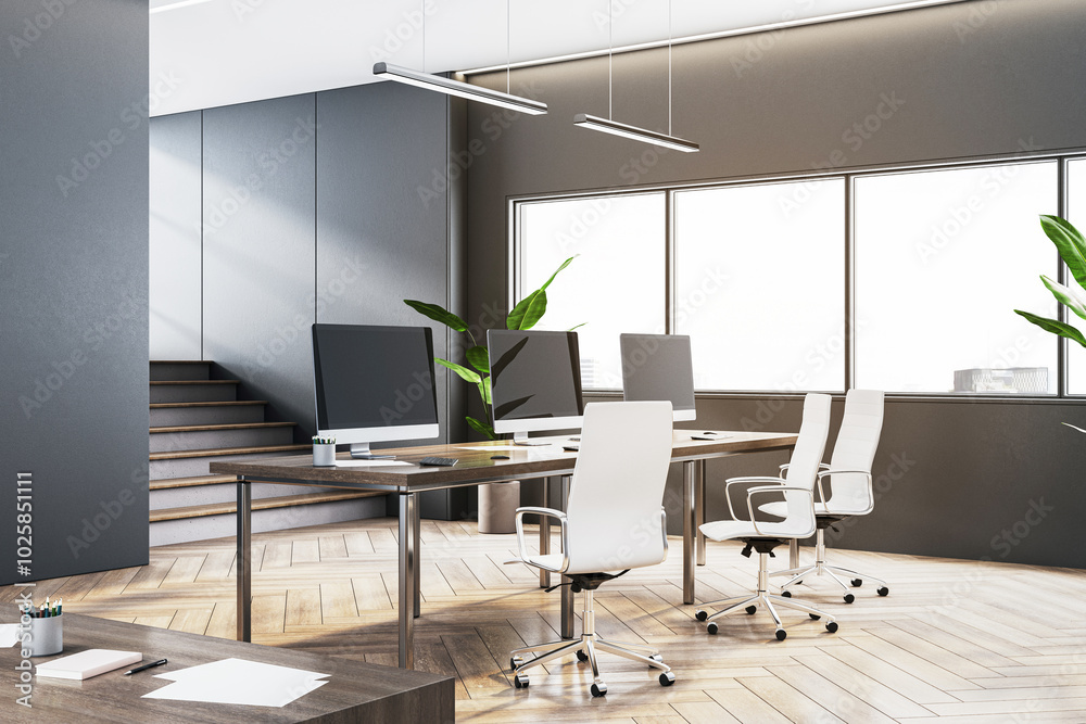 Poster modern office interior with sleek design and ample natural light. 3d rendering