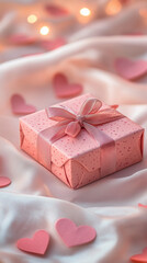 Valentine's Day gift box with a bow, set on white silk fabric with heart confetti around