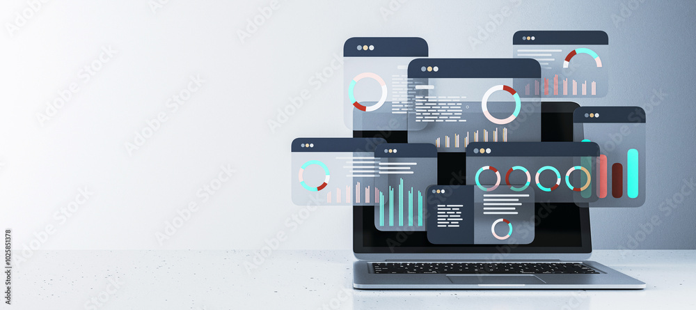 Poster digital financial analysis interface on a laptop screen. 3d rendering