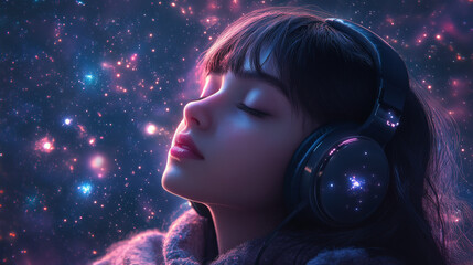 Cool Lofi Anime Young Girl Listening to Hip Hop Jazz Music Illustration