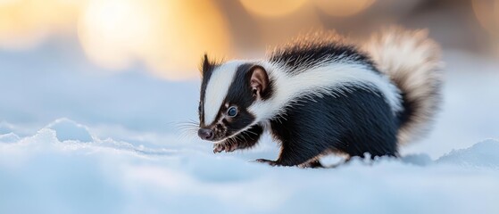 Obraz premium A skunk walks through the snow with its mouth open and tongue extended