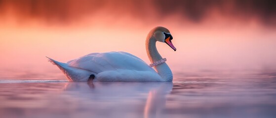 Fototapeta premium A white swan glides atop a tranquil lake, framed by a rosy pink sky, as gentle fog blankets the air