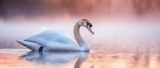 Obraz premium A pristine white swan glides atop a tranquil lake, surrounded by a rosy pink sky and wreathed in misty fog