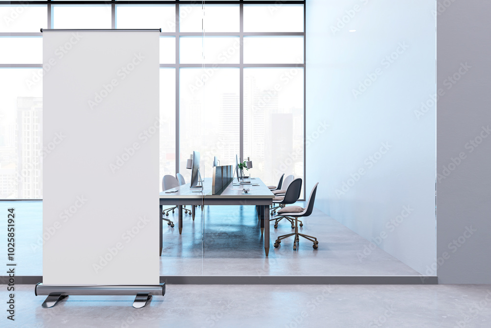 Poster modern office interior with a blank roll-up banner. 3d rendering