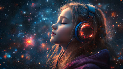 Cool Lofi Anime Young Girl Listening to Hip Hop Jazz Music - Digital Art Illustration