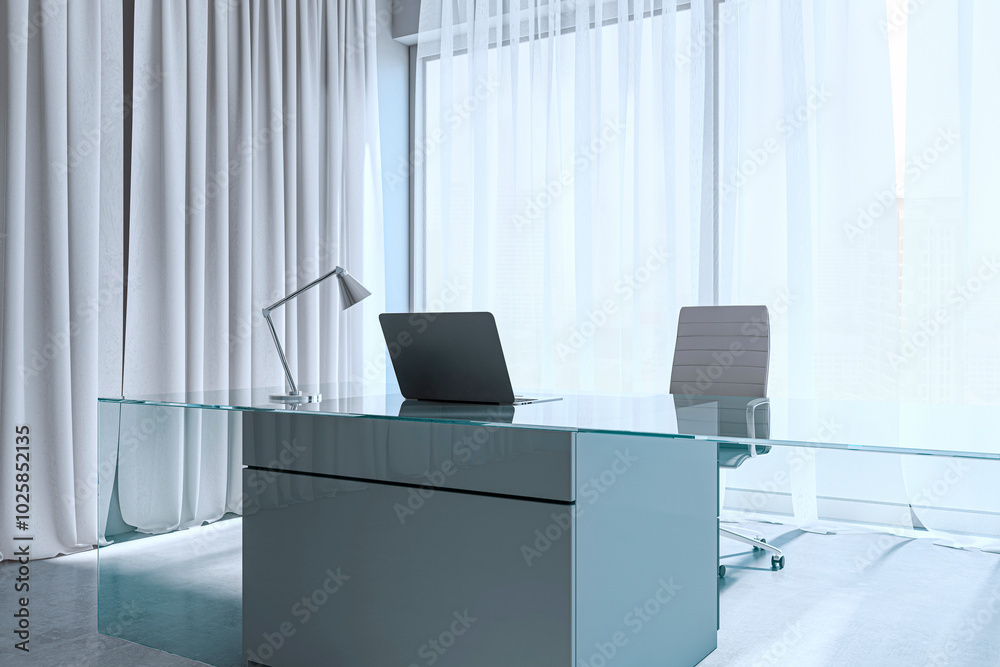 Poster modern office workspace with glass desk and laptop. 3d rendering