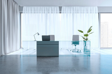 Modern office interior with glass desk and city view. 3D Rendering