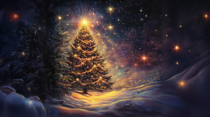 Naklejka premium Christmas tree landscape sparkling at night