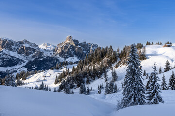 Winter landscape in the Dolomites with Sassongher mountain in the distance. Stunning contrasts between snowy hills and evening light create a magical winter scene
